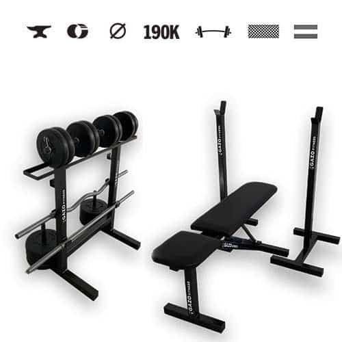 GazoFitness® Hardcore-Set 66 kg + mobiler Hantelständer, klappbare Hantelbank, Scheibenhalter